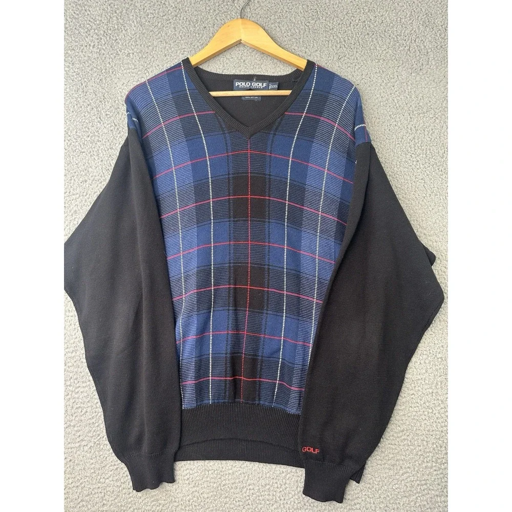 VINTAGE Polo Golf Ralph Lauren V Neck Sweater Mens 2XL Blue Black Plaid Knit